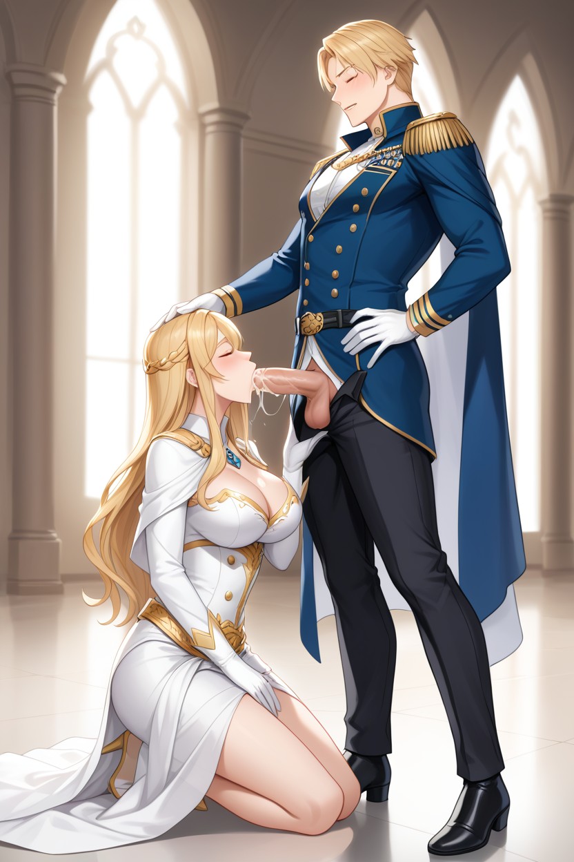 Woman Is Kneeling, Wearing Dark Black Royal European Prince Uniform With Gold Details, Open Fly AI Gay Porn