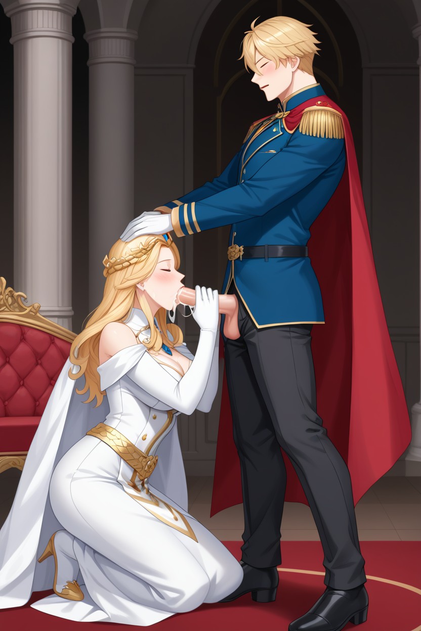 Giving A Blowjob To Man, Fancy Gold Royal Shoulder Tassels, Standing AI Gay Porn
