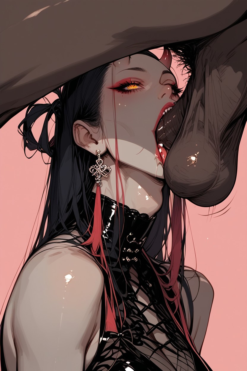 Two Curved Horns Of Dark Metal Color, Waist Shot, Sharp Fangs Hentai AI Porn