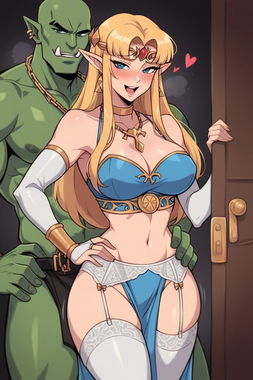 Embarrassed , Hot Blonde Princess Zelda Wearing A Blue Tight Corset, Wide Hips Hentai AI Porn