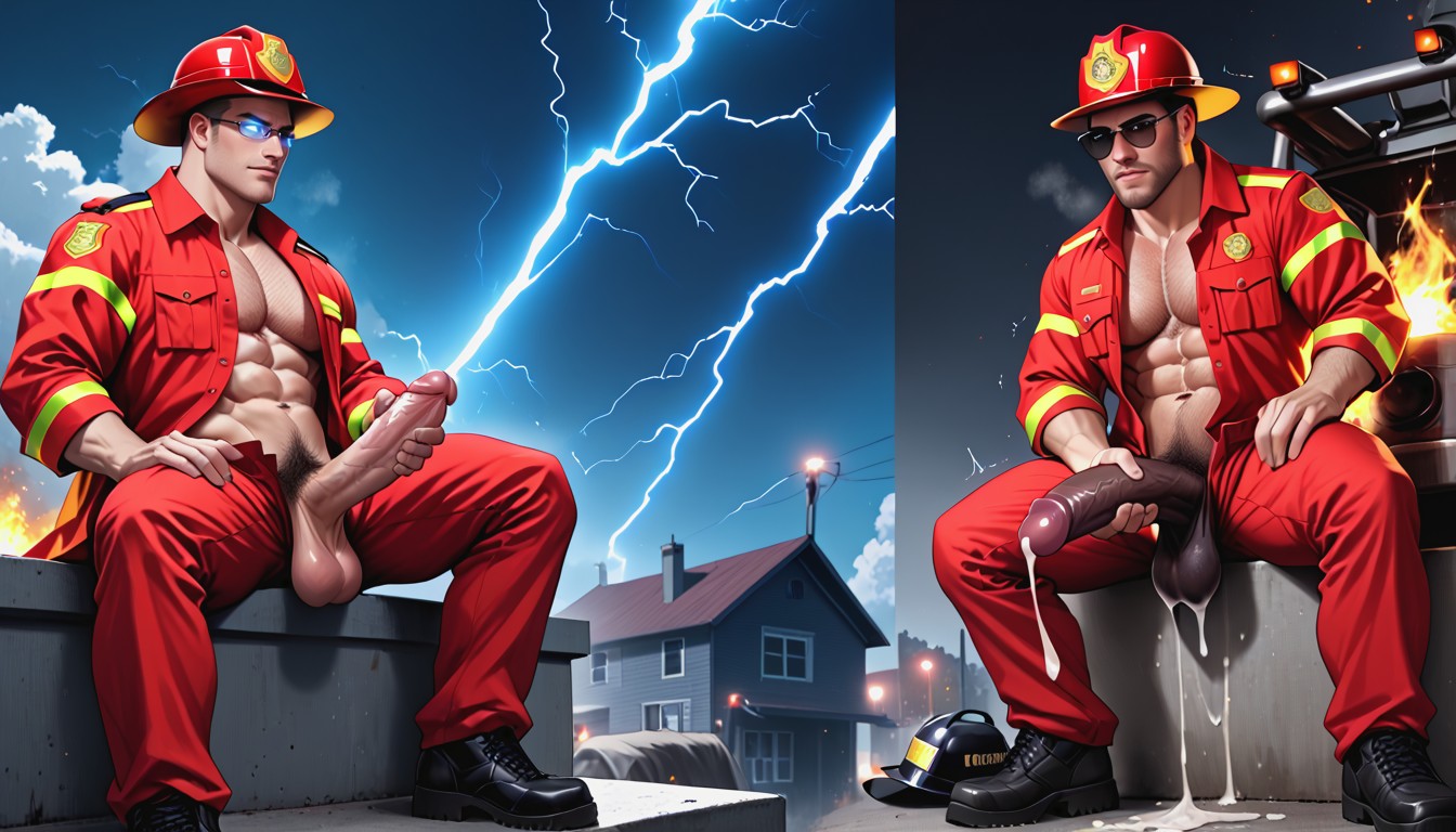 Firefighter, Masturbating, Black Background AI Gay Porn