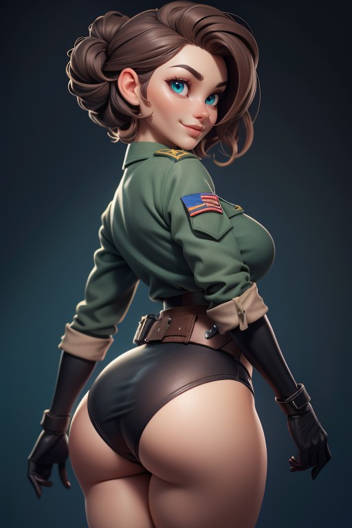 Blue Eyes, Rear View, Green Military Pants Hentai AI Porn