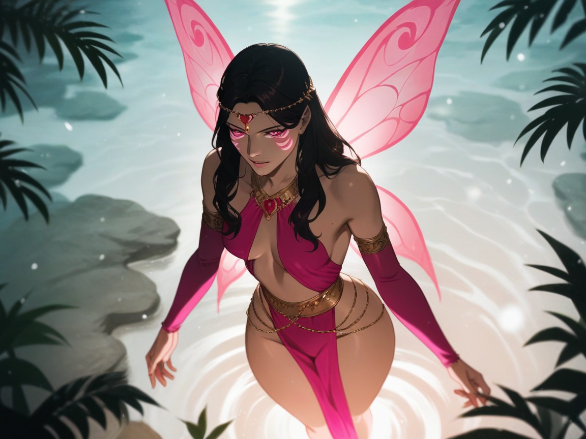 Sloped Shoulders, Pink Jeweled Waist Belt, White Orchids In Background AI Porn
