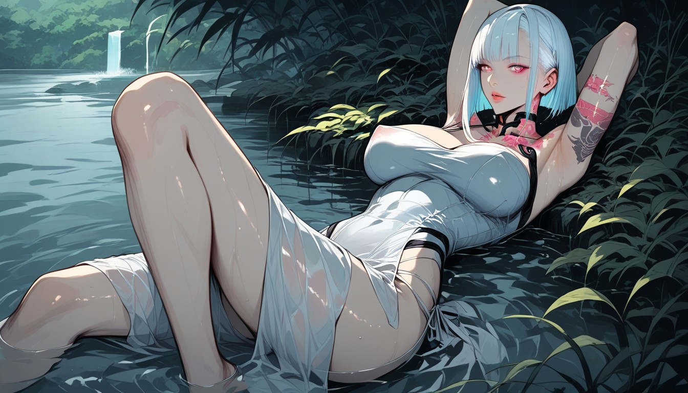 Laying In Water, Hair Floating Around, Cinematic Lighting Hentai AI Porn