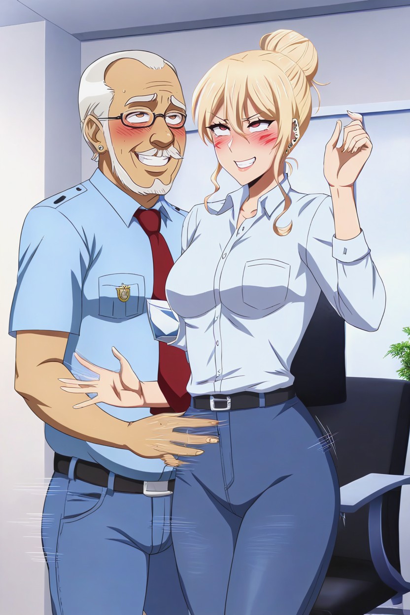 Red Marks On Boobs, Office, Ugly Old Man In Police Uniform AI Porn
