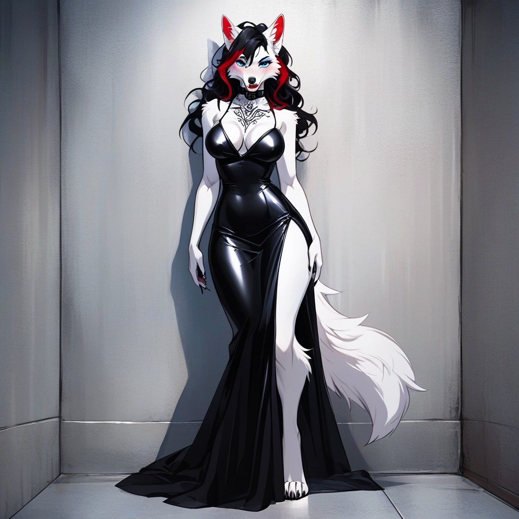 Black Hair, Leaning Against Wall, Wolf Body Furry AI Porn