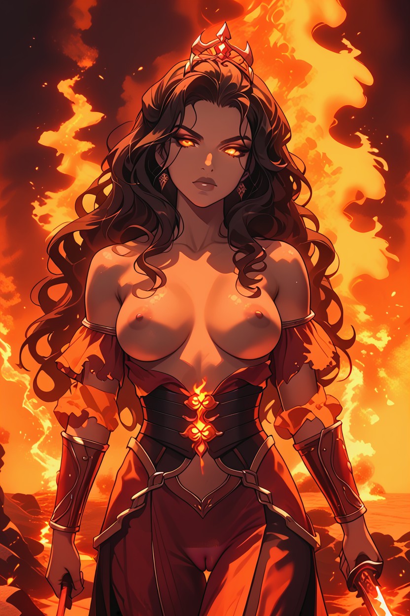 Dramatic Fire Lighting, Molten Lava Streams In Background, Topless Hentai AI Porn