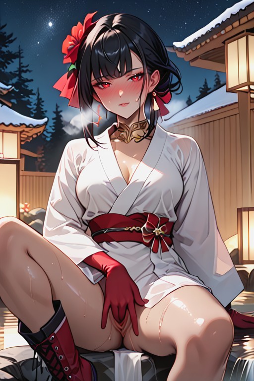 Female Masturbation, Natural Breasts, Red Ribbons Hentai AI Porn