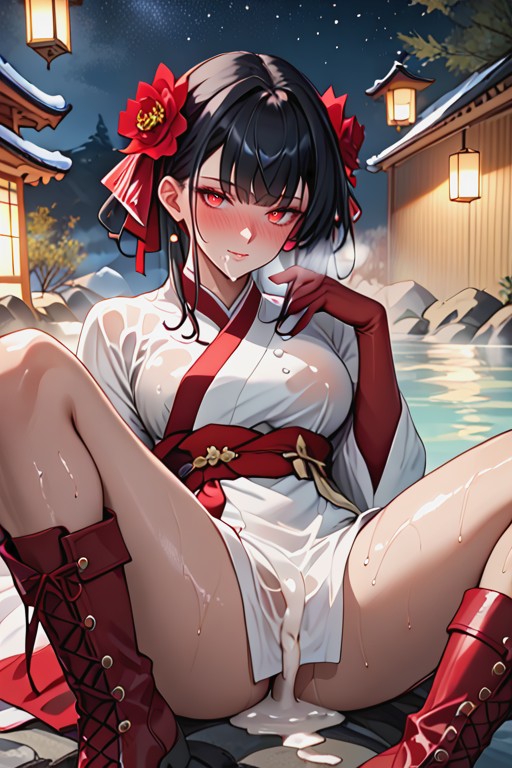 25+, Red Lycoris Flower In Hair, Looking At Viewer Hentai AI Porn