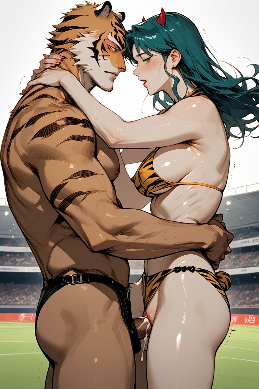Woman Is Lum From Urusei Yatsura, Woman Hi Rise Tiger Pattern Fur Boots, Woman Bikini Top Slipped Up AI Porn