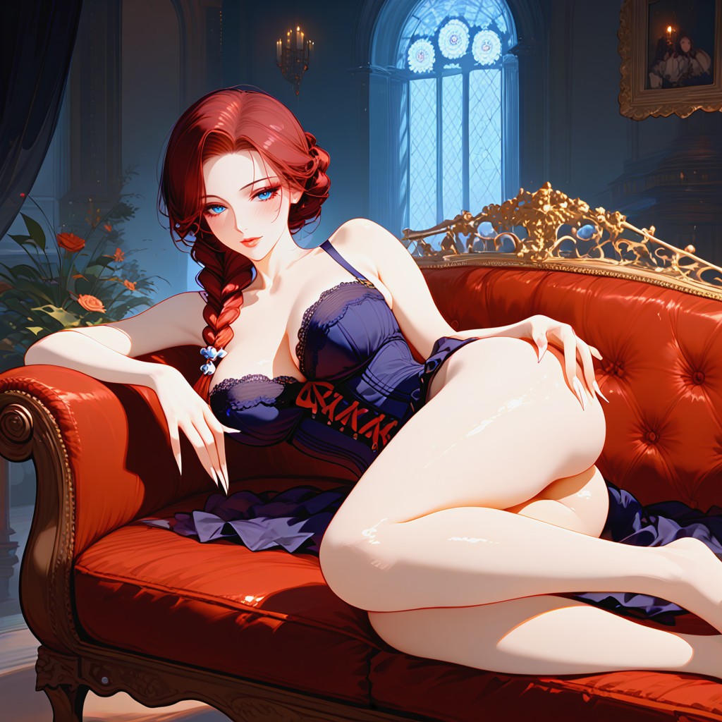 Long Nails, In Palace, Burgundy Hair Hentai AI Porn