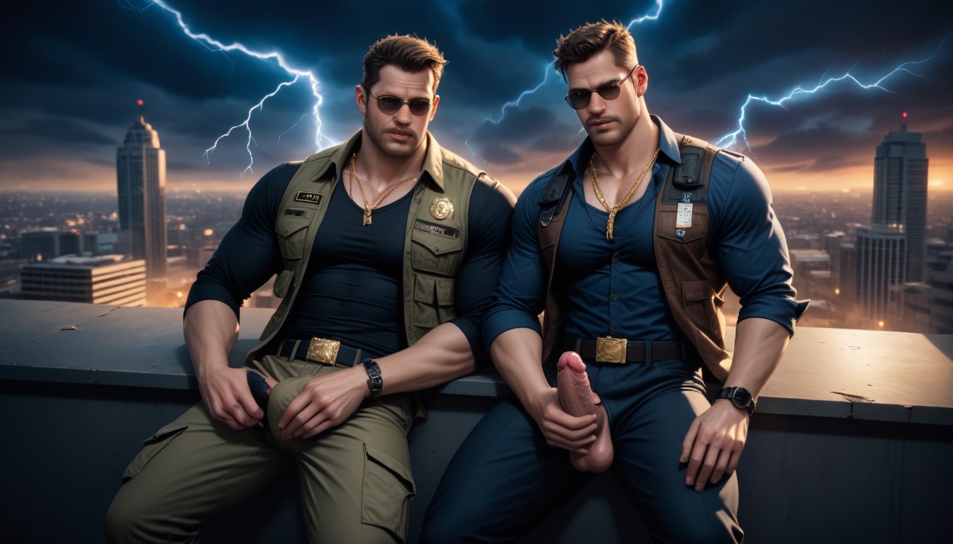 Shirtless Underneath, Lightning Tattoos On Neck, Bulge In Pants AI Gay Porn