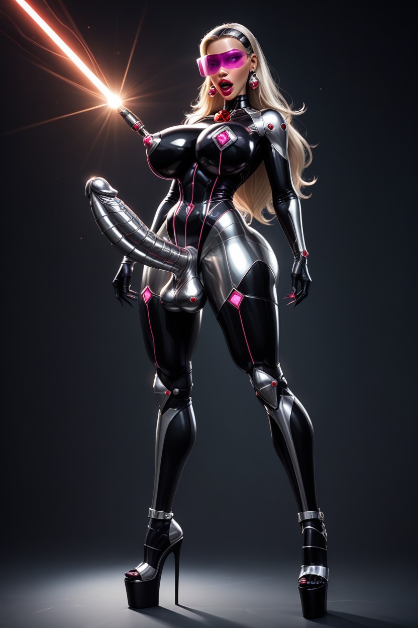 Metallic Robot Penis Attached With Metallic Pointy Tip, Extended Long Eyelashes, Diamond Earrings Shemale AI Porn