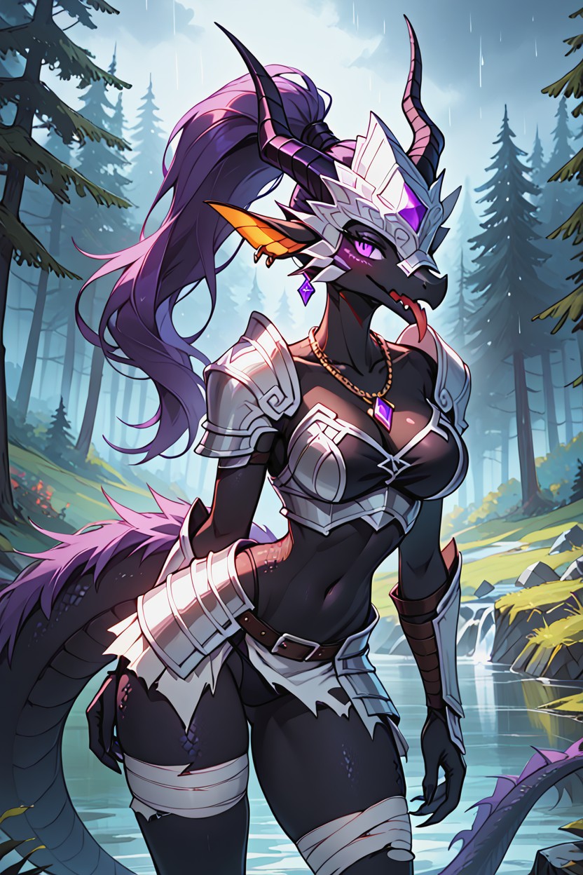Armor On The Thighs, A Helmet With Horns Sticking Out, Black Scales Furry AI Porn