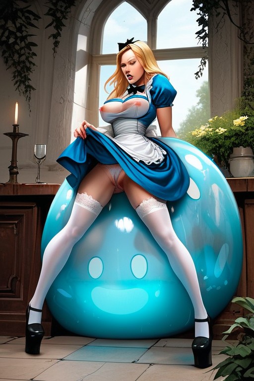 Platform Heels, White Panties Hang From Her Legs, Alice From Alice In Wonderland AI Porn
