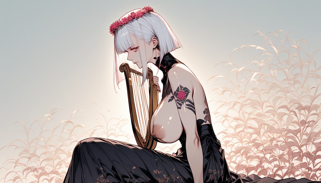 Fingers Strumming The Harp, Side View, Golden Harp Resting Beside Her Legs Hentai AI Porn