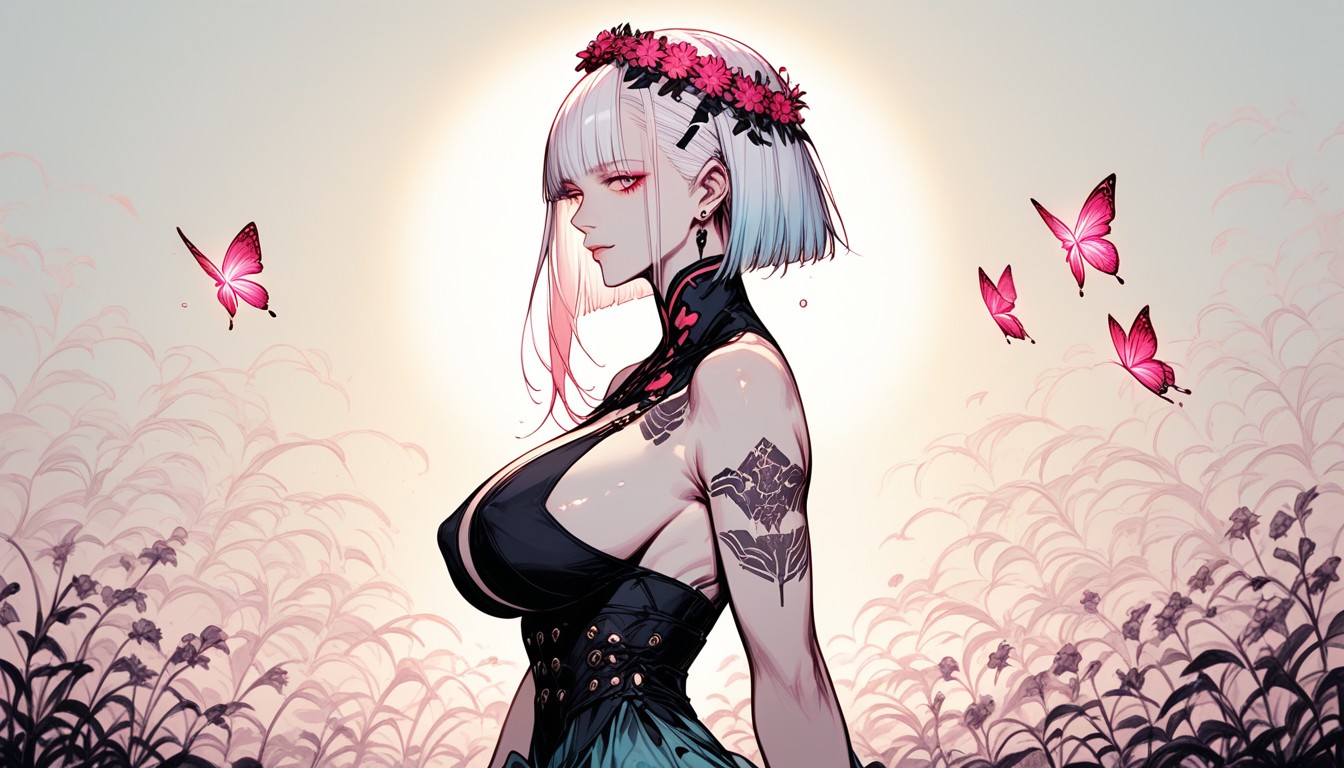 Lucy From Cyberpunk, Giant Saggy Breasts, Soft Focus Colorful Wildflowers Swaying Hentai AI Porn