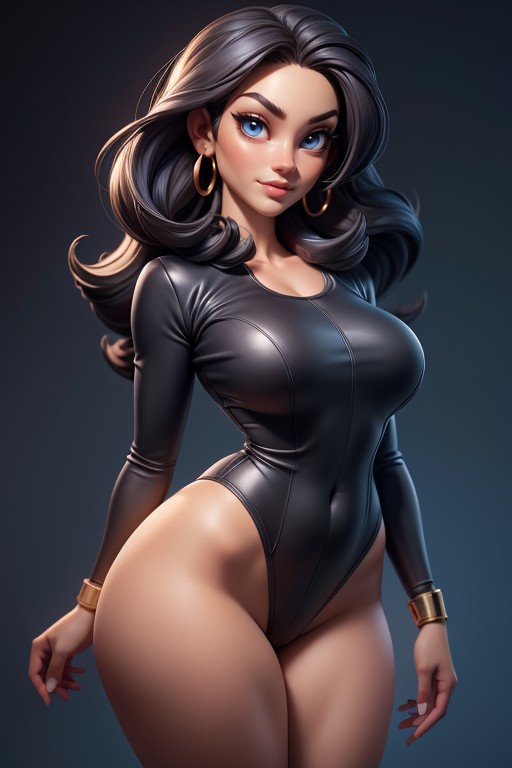 Thick And Curvy, Long Flowing Black Hair Parted In The Middle, Dark Skin Hentai IA
