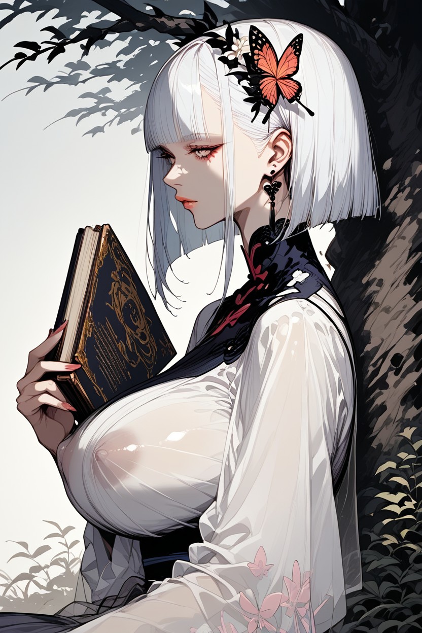 Long White-silver Hair With Pink Tips, Wildflowers Scattered In Grass,  Sheer Sarong Draped Around Hips