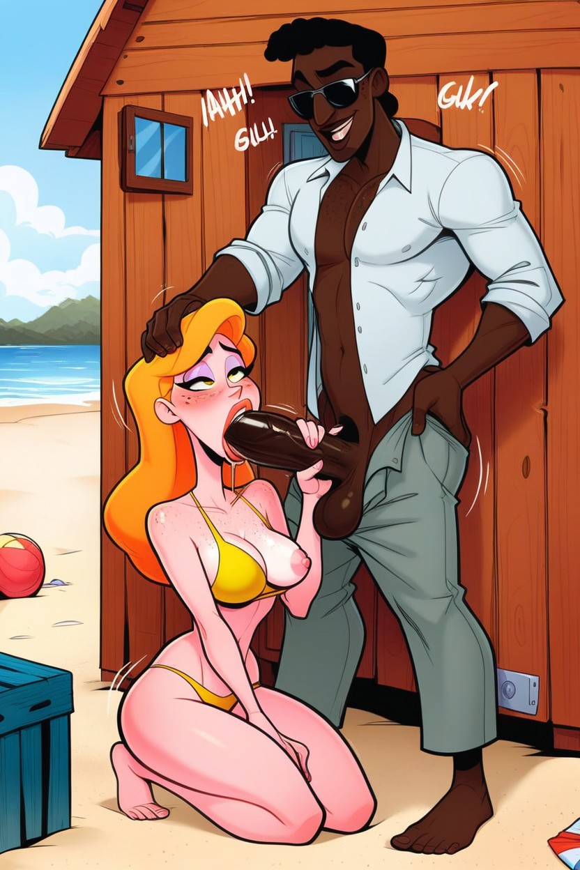 Taller Man, Man Fully Clothed, Background Beach Changing Cabin AI Porn