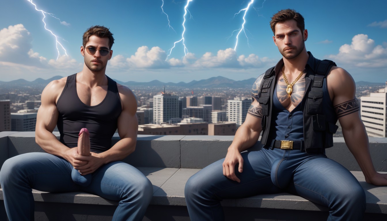 Black Skies, Big Low Hanging Balls, Masturbating AI Gay Porn