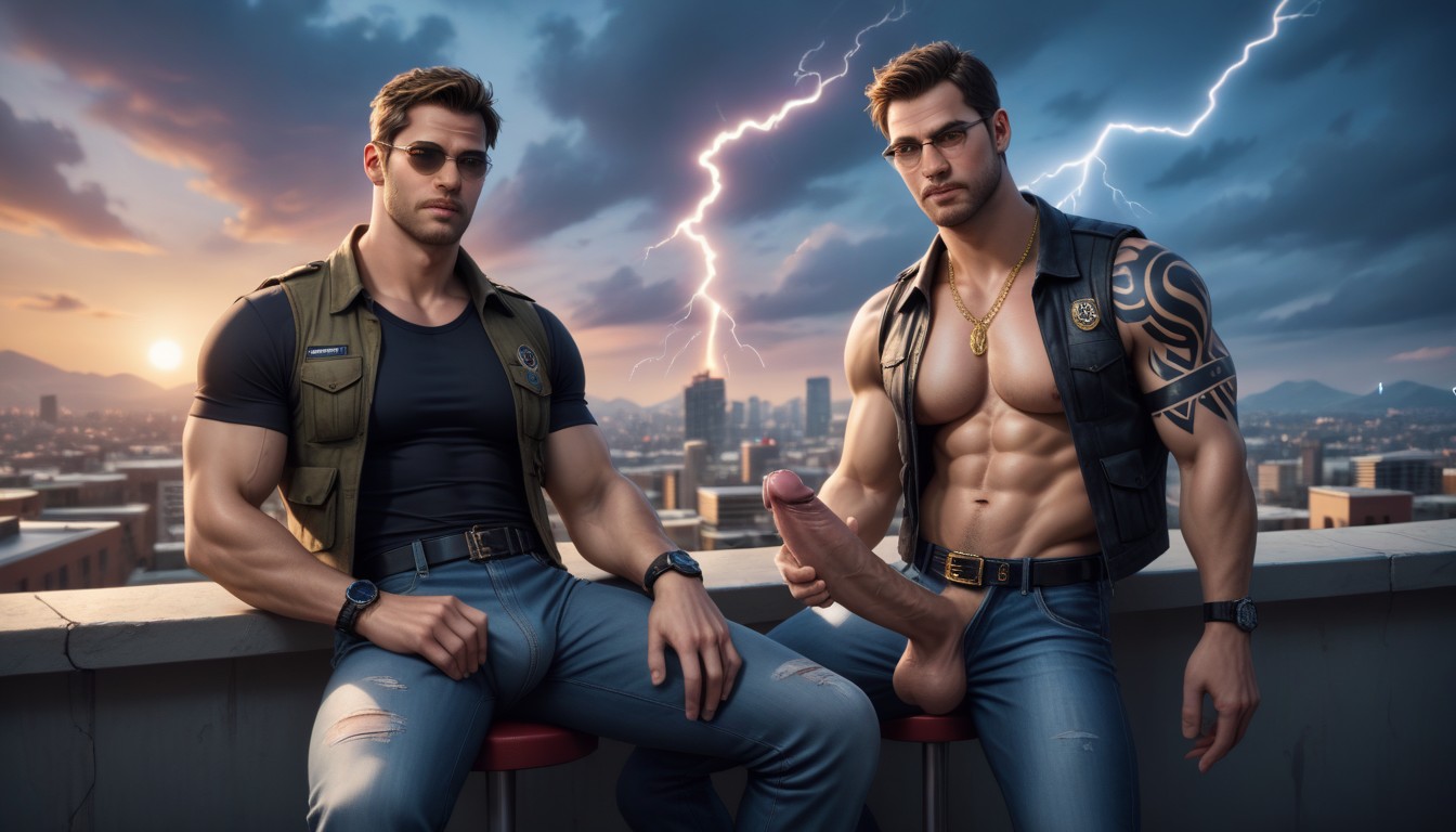 Rooftop, Gigantic, Fleshy Cock AI Gay Porn