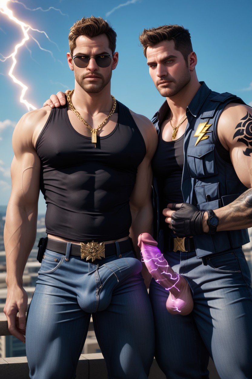 Fleshy Glowing Cock, God Of Thunder As Johnny Cage From X-men, Dark Sun Glasses AI Gay Porn