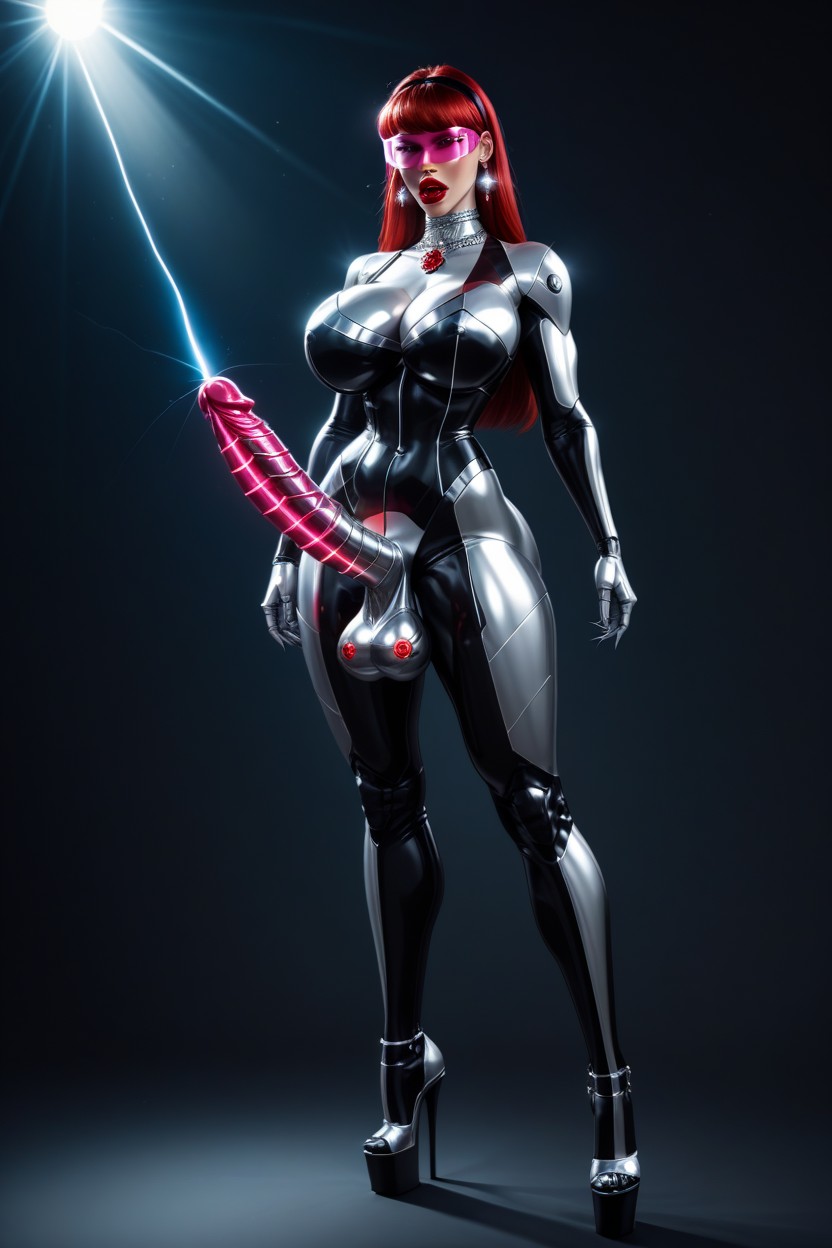 Massive Erect Smooth Metallic Penis, Laser Beams Out Of Nipples, Small Ass Shemale AI Porn