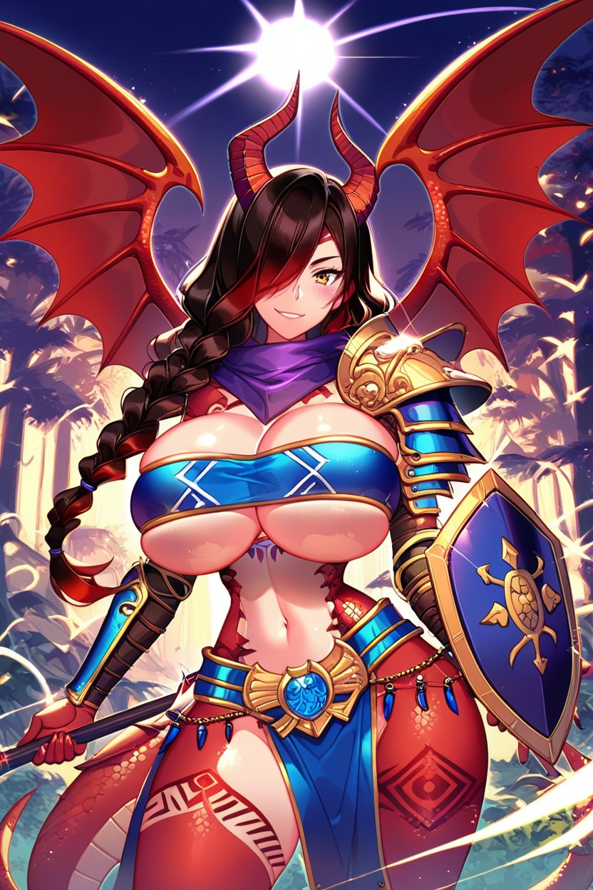 Holding Large Spear, Black Hair Dark Red Hair, Armor AI Porn