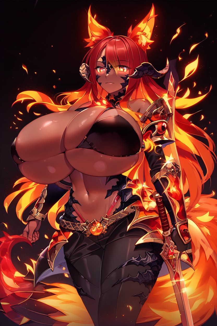 Flame Eyes, Gold Au'ra Horns, Hyper Breasts Ebony AI Porn