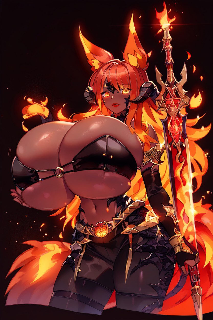 Hyper Breasts, Fiery Hair, Fiery Leg Armor Ebony AI Porn
