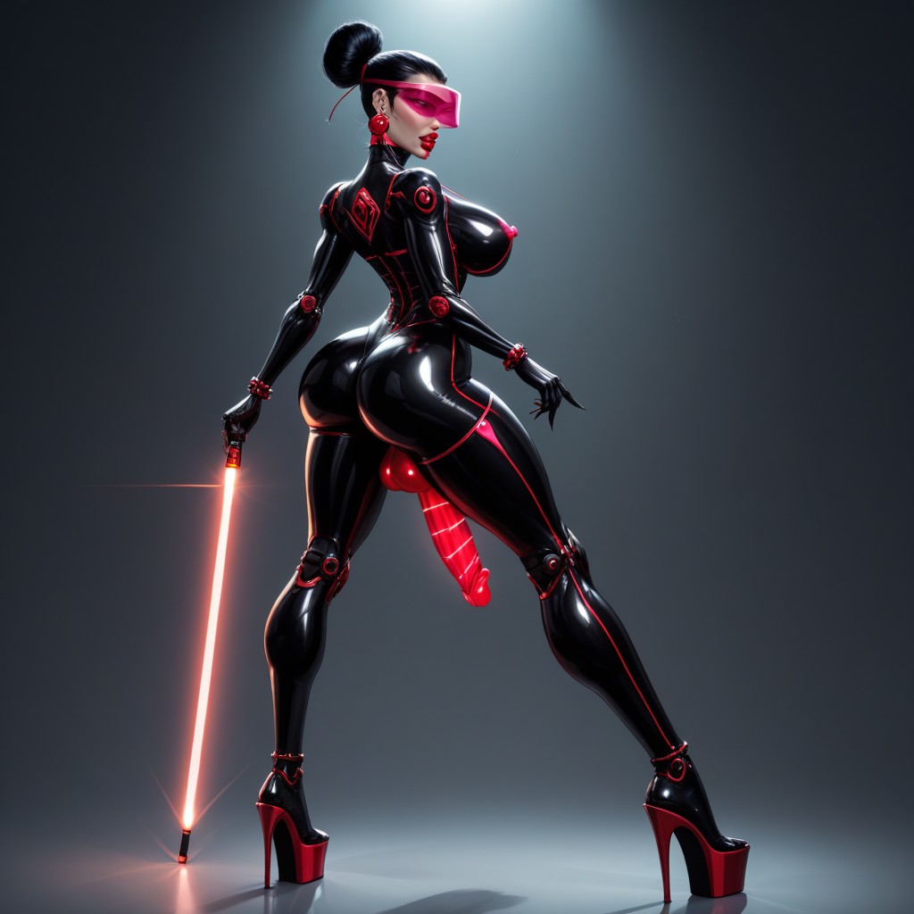 Glowing Eyes, Metallic Robot Penis Attached With Metallic Pointy Tip, Robot Penis Shooting Laser Shemale AI Porn