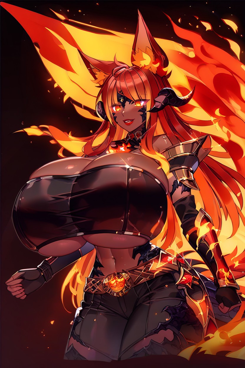 Fiery Leg Armor, Huge Fiery Fox Tail, Black Pants Ebony AI Porn