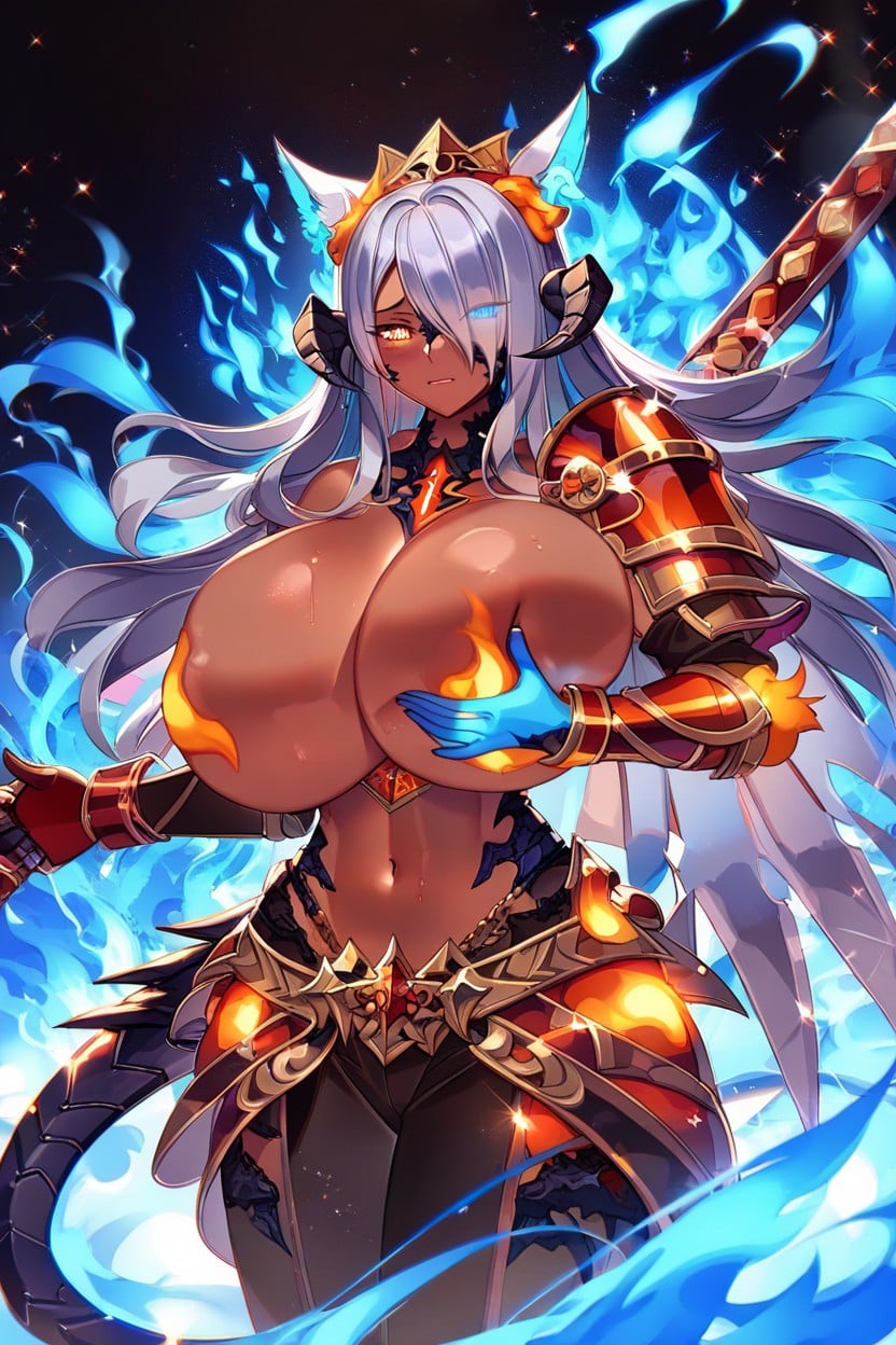 Gold Au'ra Horns, Huge Fluffy Fox Ears On Head, Holding Huge Axe Porno IA Ebony