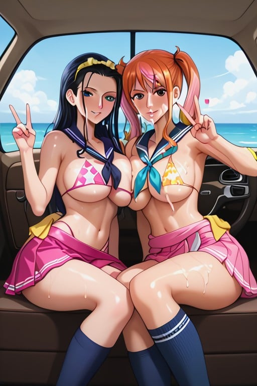 Wide Angle, Pink Swimsuit, Bukakke Hentai AI Porn