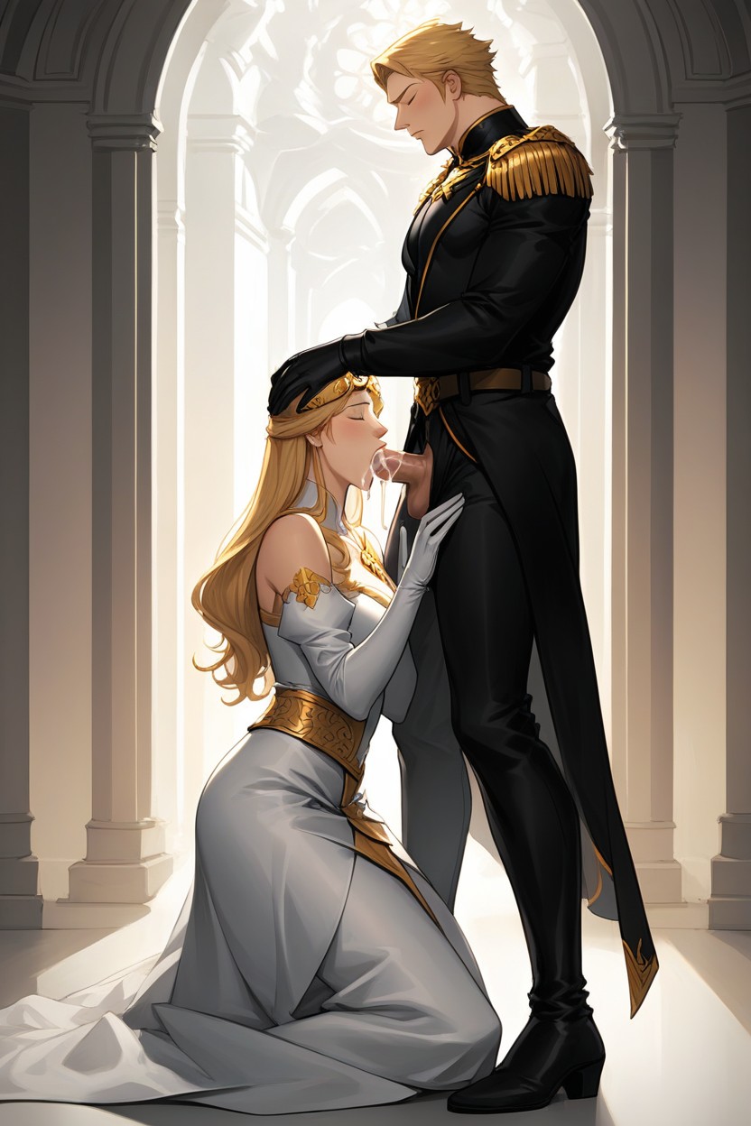 Palace Interior Background, Sucking Man's Penis, Wearing Princess White Gown Dress AI Gay Porn