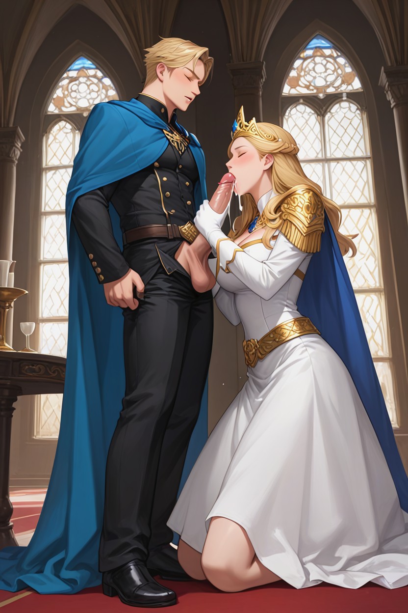 Blonde Hair, Man Getting A Blowjob, Wearing Princess White Dress AI Gay Porn