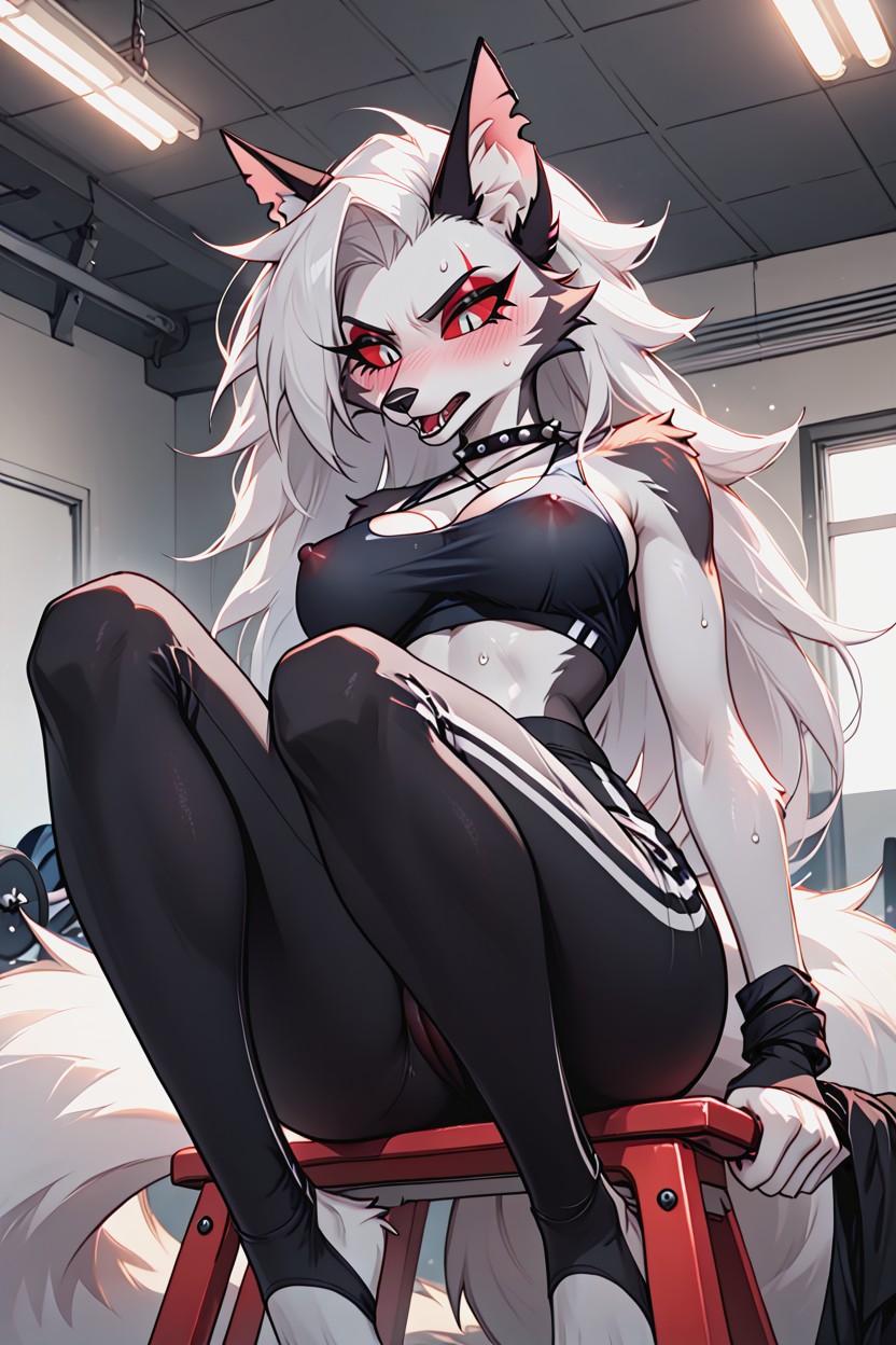 Looking Down At Her Waistband While Tugging On It With Both Hands, Wet Clothes But Not See Through, Black-tipped Ears 퍼리 AI 포르노