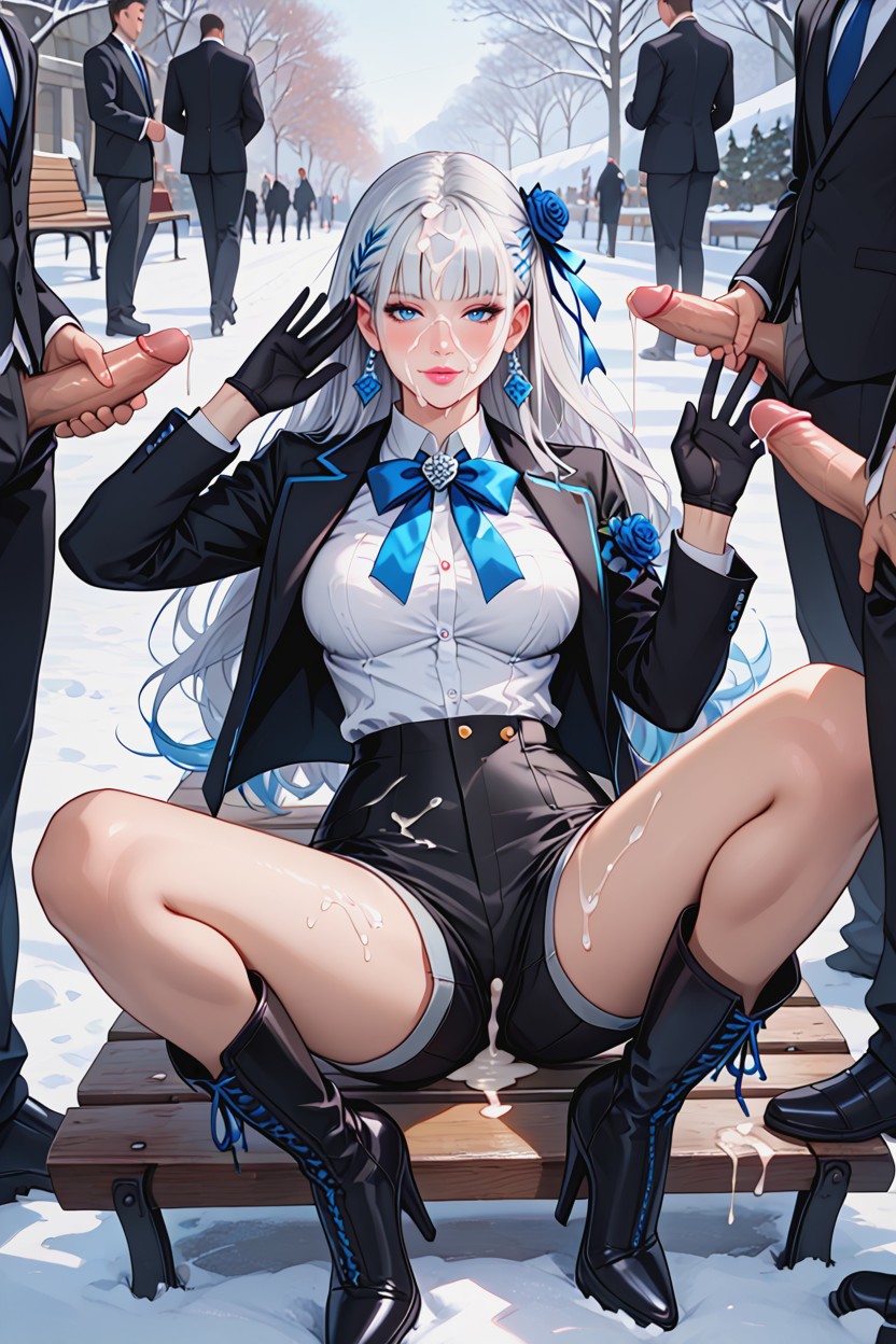 Pink Lips, Lying On Back, Black Gloves With Blue Ribbons Hentai AI Porn