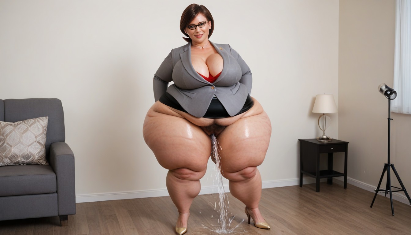 Glasses, Morbidly Obese, Grey Blazer And Pencil Skirt AI Porn