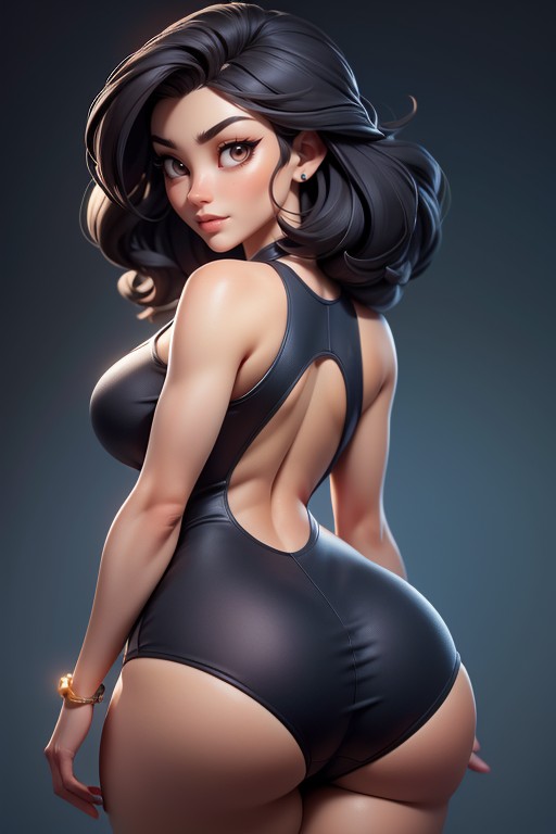 Sexy Stance, Long Flowing Black Hair Parted In The Middle, Swimsuit Hentai AI Porn