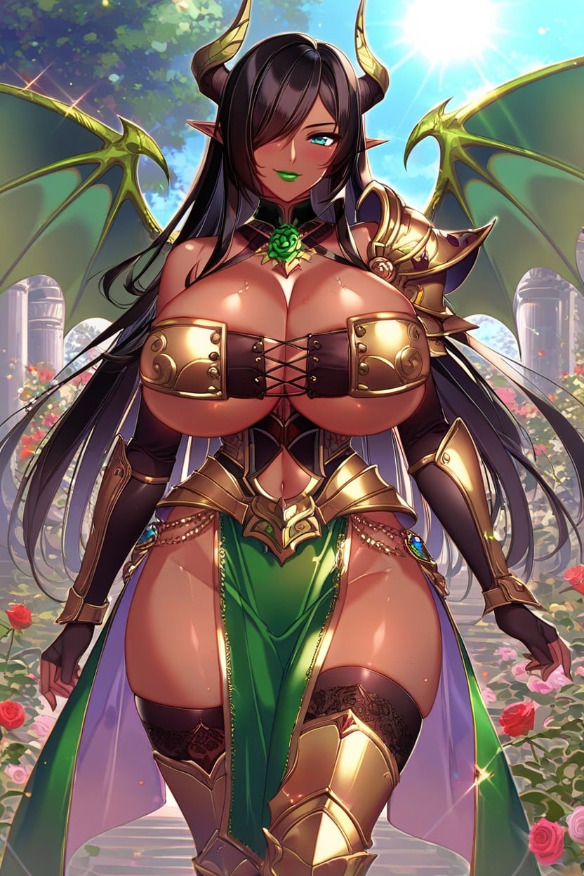 Curvy, Dark Green Waist Cloth, Huge Green Dragon Wings Hentai AI Porn