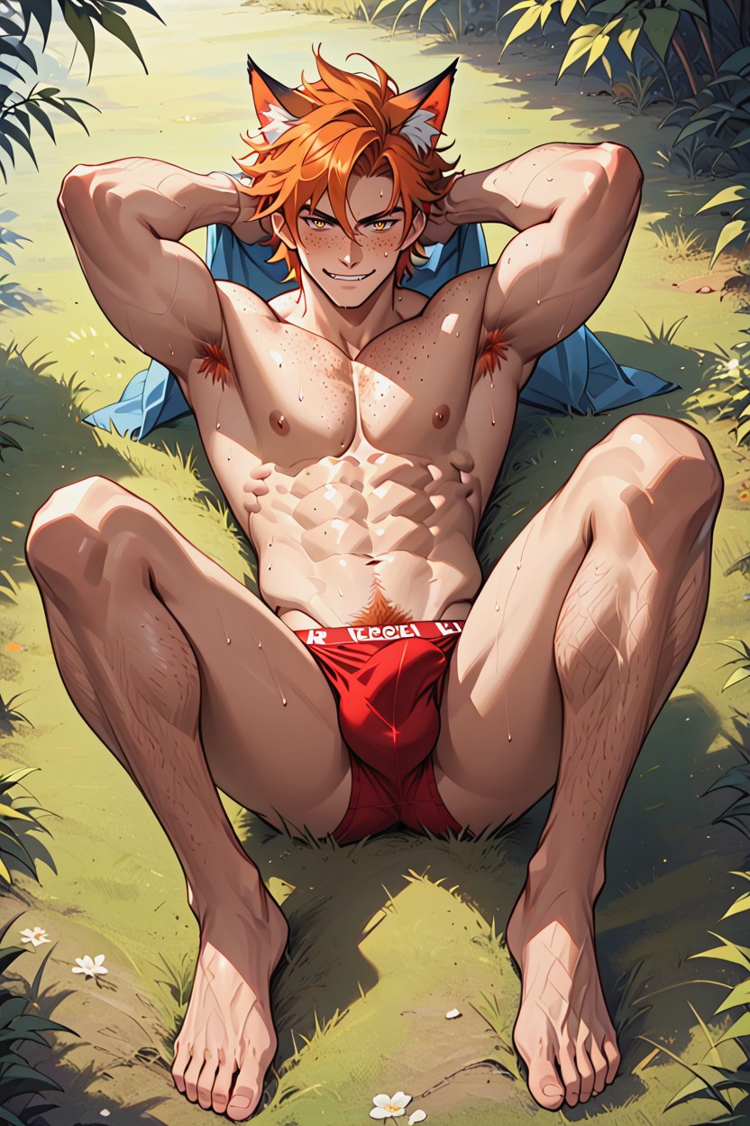 Ginger, Pubic Hair, His Expression Is Intensely Flirtatious Yet Flushed AI Gay Porn