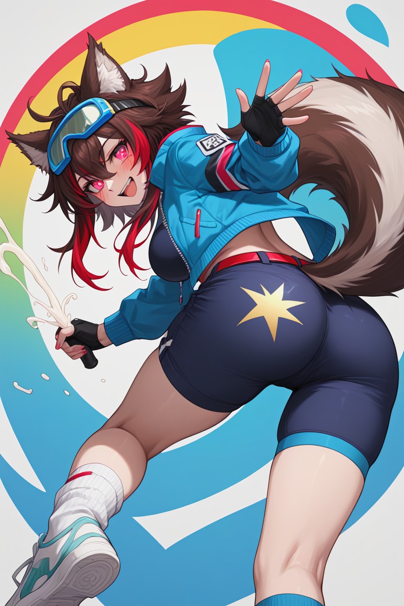 Stuffed, Blue Cargo Shorts With A Red Belt And Zigzag Patterns, Furry Tail Porno IA