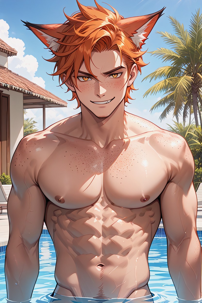 Pool, And A Sharp Fang Is Playfully Displayed His Hair Is Dark, Fluffy AI Gay Porn