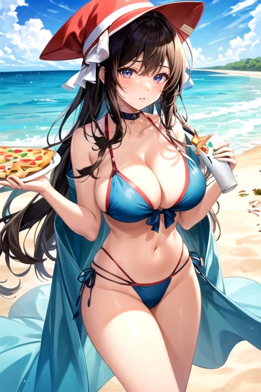 Pizza Hat, Sea, Beautiful Woman Hentai AI Porn