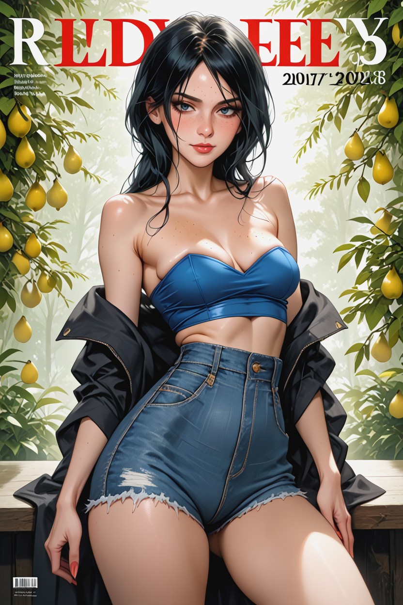 Extremely Wide Hips, Playboy Magazine Cover, Light Blue Crop Top AI Porn