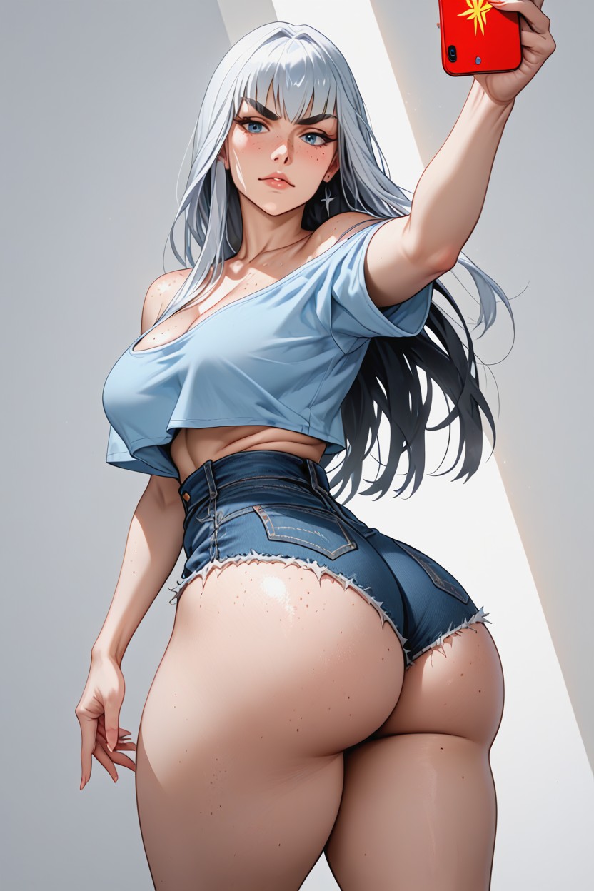 Extremely Thick Thighs, Light Blue Crop Top, Wasp Waist AI Porn