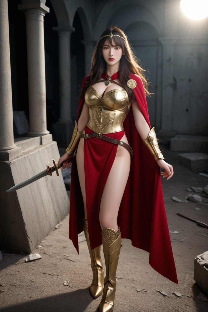 Strapped Golden Layered Shoulder Guards, Lens Flare, Cinematic Porno IA Asiatique