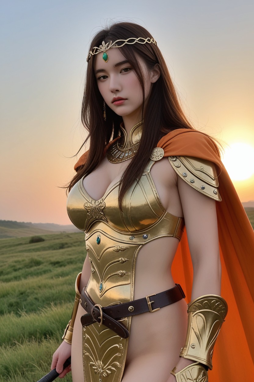 Wind Blowing Hair, Strapped Golden Breastplate, Strapped Golden Shoulder Guards Pornografia asiática com IA